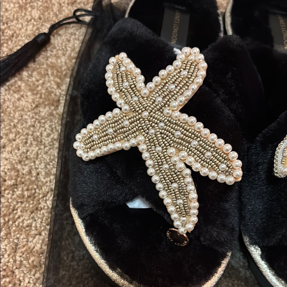 Laines London Fluffy Black and Gold Embellished Women's Slippers - Picture 3 of 5